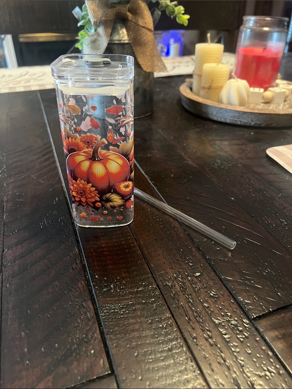 Autumn Pumpkin Clear Tumbler with Straw